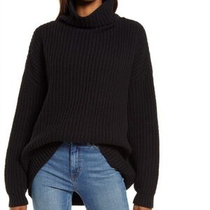 Free People Black Oversized Chunky Side Slit Turtleneck Sweater SP
